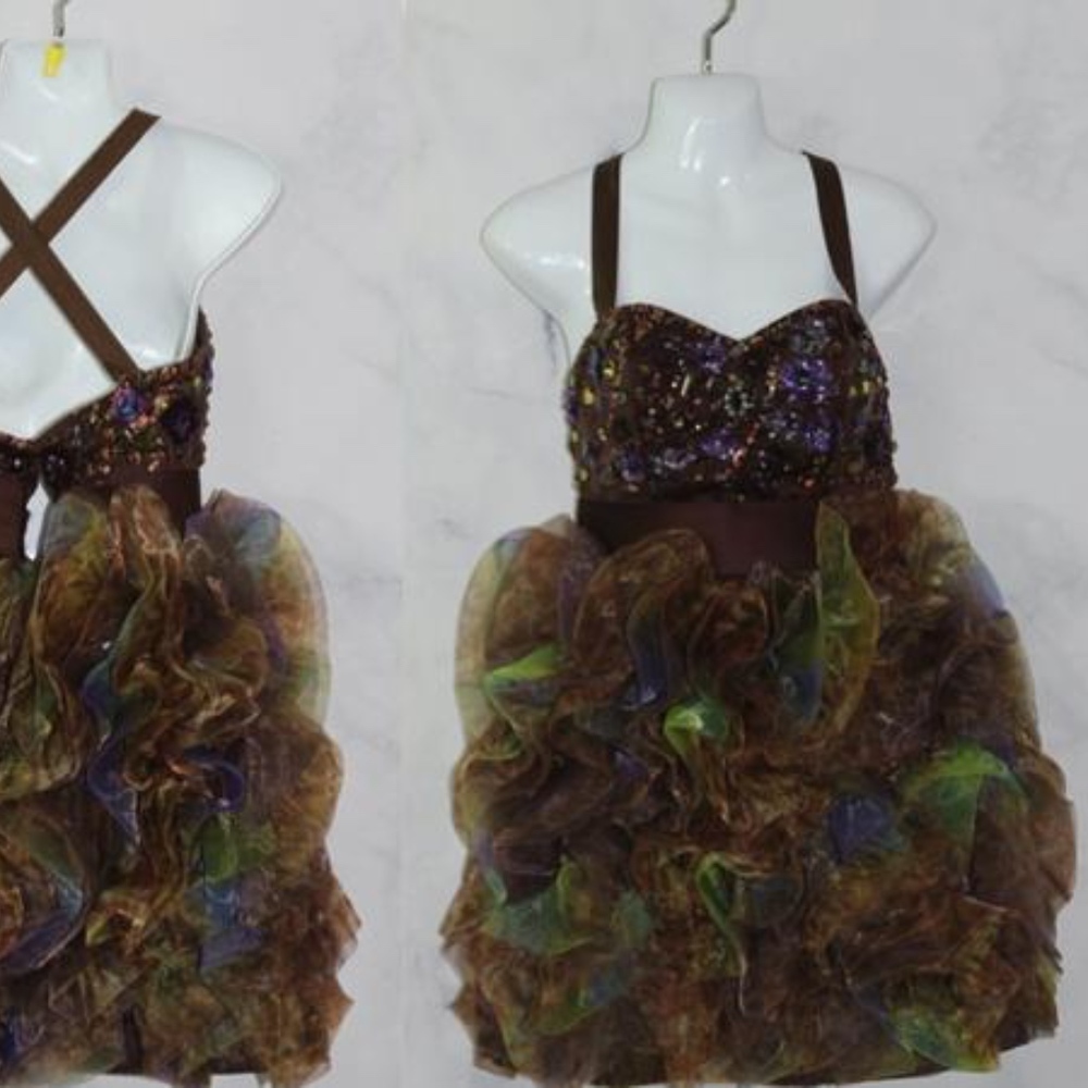 Jovani Brown Multi Color Ruffle Flare Formal Gown